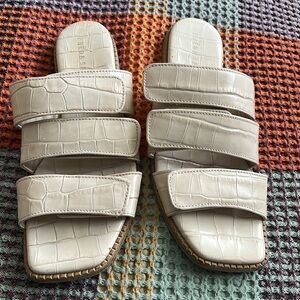 Freda Salvador Alita Velcro Padded snake skin cream sandals.